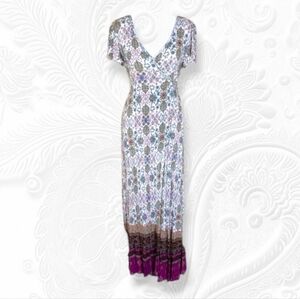 Patrons of Peace Medium Maxi Wrap Dress Beige and Magenta Floral Spring V-neck M